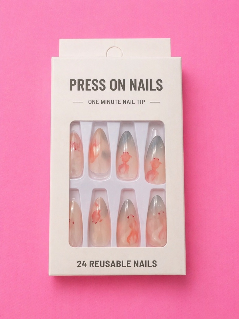 Koi Fish 3D Almond Press On Nails - Reusable Pink Marble French Tip (24 Pack)